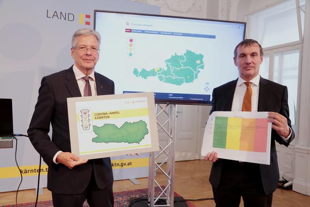 Landeshauptmann Peter Kaiser und Heimo Wallenko, Kärntner Mitglied der Corona-Kommission, erläuterten das neue Instrument. | Foto: LPD Kärnten/Wajand