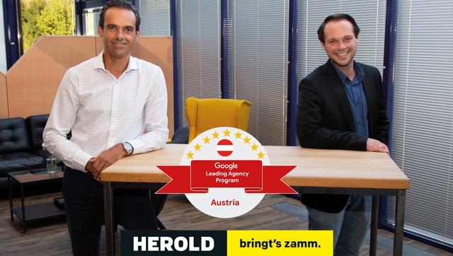 Alberto Sanz de Lama, HEROLD Geschäftsführer und CEO, sowie Nico Binder, Head of Key Account Management, freuen sich als „Google Leading Agency“ über die neue Partnerschaft mit Google.