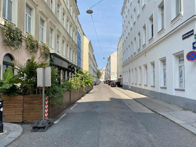 Außer dem Schanigarten gibt es in der Rüdigergasse kein Grün. Das soll sich nach der Umgestaltung ändern. | Foto: Barbara Schuster