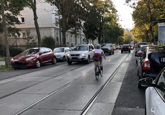 In der Alszeile entstehen für Radfahrer durch die Schienen und den Individualverkehr immer wieder gefährliche Situationen. | Foto: Michael J. Payer