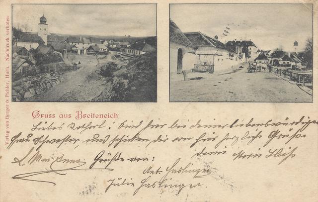 Ansichtskarte von Breiteneich um 1900: Damals floss der Stockgrabenbach noch offen durch den Ort (links); Ochsen-Fuhrwerke waren unterwegs…