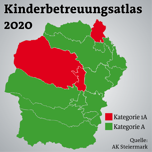 Rot bedeutet beim Kinderbetreuungsatlas die Bestnote – die gibt es für Deutschlandsberg, Lannach und Frauental. Auch ansonsten ist im Bezirk alles im grünen Bereich.
