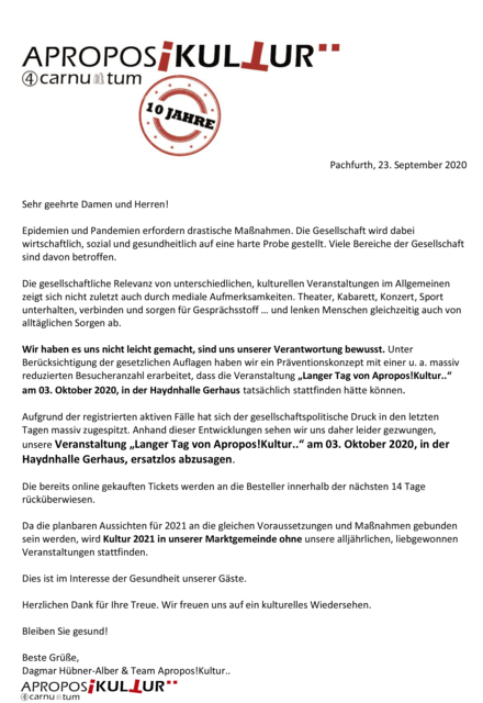 In diesem Brief wandte sich Vereinsobfrau Dagmar Hübner-Alber an die Besucher.