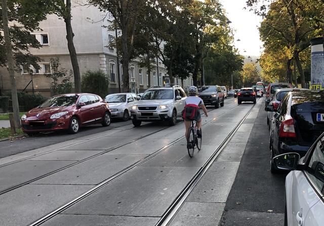 Parkende und fahrende Autos, der 43er und Radfahrer: auf der Alszeile ist viel los.