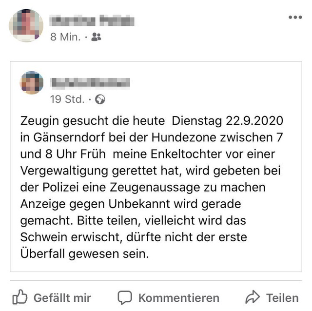 Via facebook rief eine Angehörige eines Opfers Zeugen auf, sich zu melden.
