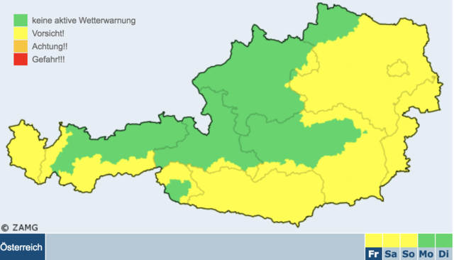 Wetterwarnung mit "Vorsicht!" für halb Österreich am Freitag