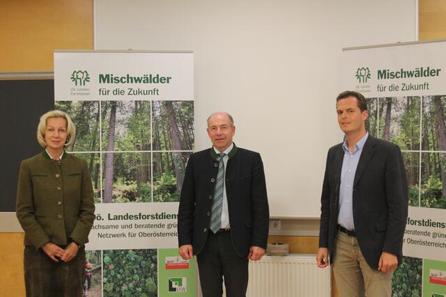 Die oberösterreichische Forstdirektorin Elfriede Moser, Agrar-Landesrat Max Hiegelsberger und Donausäge Rumplmayr-Geschäftsführer Friedrich Rumplmayr präsentierten die Ergebnisse des jüngsten runden Tischs zum Thema "Borkenkäfer".