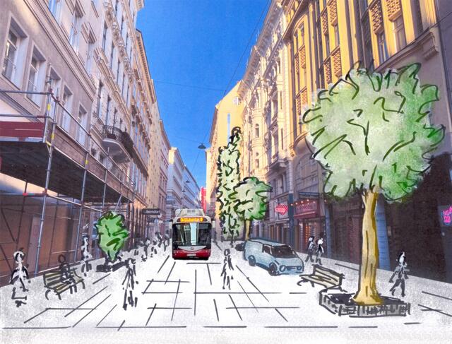 Die Wollzeile als Begegnungszone: So könnte die neue Flaniermeile nach Vorstellung der Grünen aussehen. | Foto: Grüne