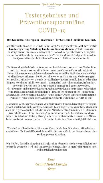 Die Information des Grand Hotel Europa nach dem Corona-Fall.