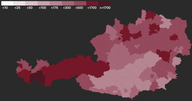 In diesen 15 Bezirken werden am meisten Corona-Neuinfektionen in Österreich gemeldet: Wien(Stadt)16.129
Linz(Stadt) 1.309
Graz(Stadt) 1.249
Innsbruck-Stadt 1.208
Landeck 1.137
Kufstein 927
Linz-Land 919
Innsbruck-Land 909
Schwaz 661
Baden 608
Sankt Johann im Pongau 580
Bregenz 560
Mödling 541
Salzburg(Stadt) 532
Sankt Pölten(Land) 515