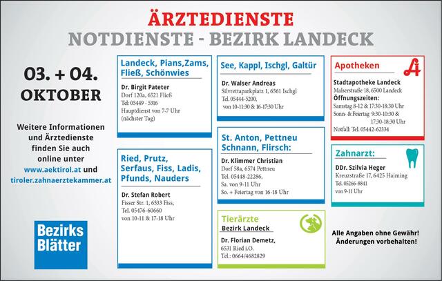 Die Notdienste im Bezirk Landeck am Samstag, 03. Oktober und Sonntag, 04. Oktober.