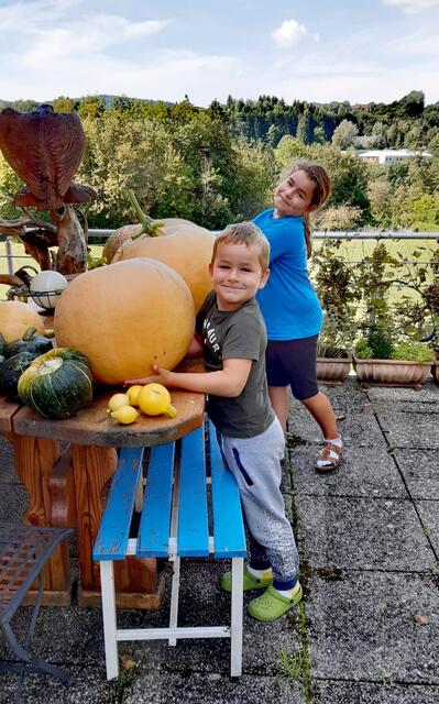 Elena und Daniel Staudinger aus Steinbach/Steyr in Omas Garten. Die Kürbisse wurden nur mit Alpakamist gedüngt.
