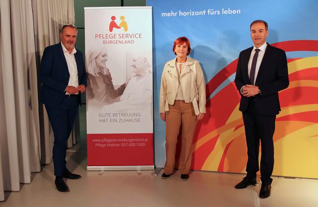 Ein Jahr Pflegeservice Burgenland (PSB): LH Hans Peter Doskozil, PSB-Geschäftsführerin Klaudia Friedl und LR Leonhard Schneemann zogen Bilanz.