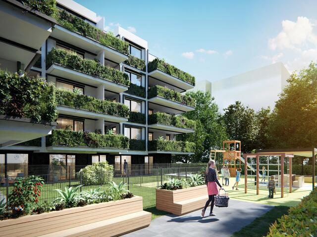 So soll der Innenhof im neuen Gemeindebau aussehen: Grünrau Sitzgelegenheiten und ein Spielplatz.