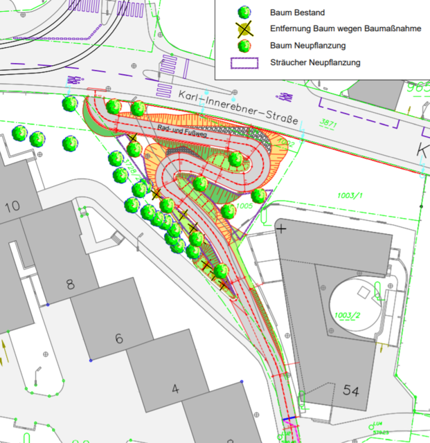 Der neue Fuß- und Radweg entsteht in der Verlängerung der Josef-Stapf-Straße vom Lohbachufer zur Karl-Innerebner-Straße. Einige Bäume müssen gefällt werden – eine Neubepflanzung folgt.