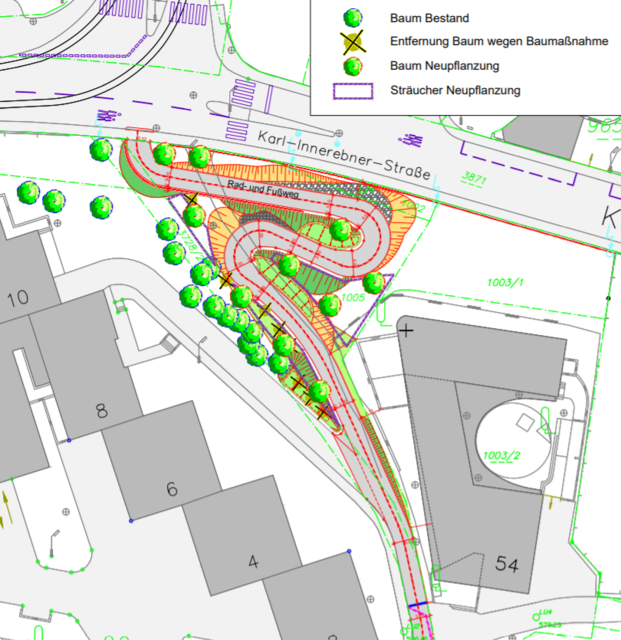 Der neue Fuß- und Radweg entsteht in der Verlängerung der Josef-Stapf-Straße vom Lohbachufer zur Karl-Innerebner-Straße. Einige Bäume müssen gefällt werden  – eine Neubepflanzung folgt. | Foto: Stadt Innsbruck