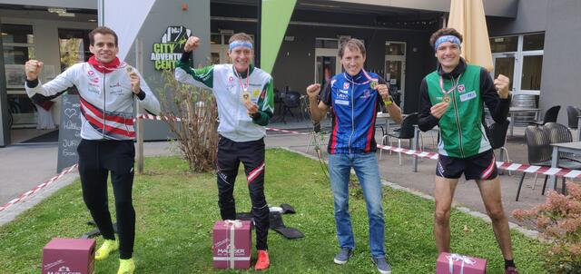 v.l. Matthias Reiner, Dritter der Herren-Elite, Staatsmeister Robert Merl und die beiden Fünftplatzierten Gernot Ymsén und Mathias Peter.