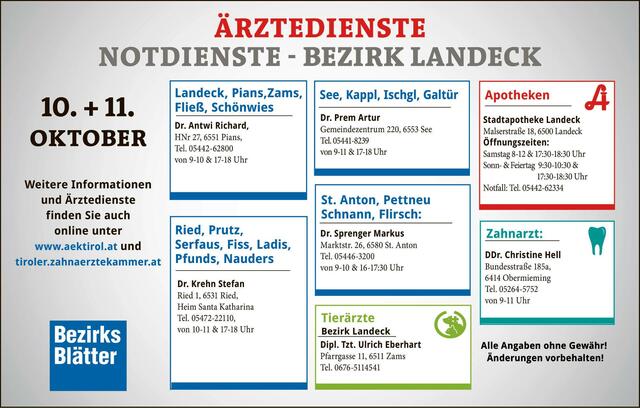 Die Notdienste im Bezirk Landeck am Samstag, 10. Oktober und Sonntag, 11. Oktober.