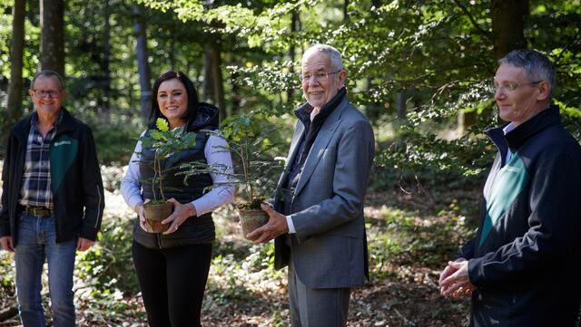 Zu Besuch im Wald der Zukunft der Bundesforste. V.l.n.r.: ÖBf-Vorstand Rudolf Freidhager, Bundesministerin Elisabeth Köstinger, Bundespräsident Alexander Van der Bellen, ÖBf-Vorstand Georg Schöppl