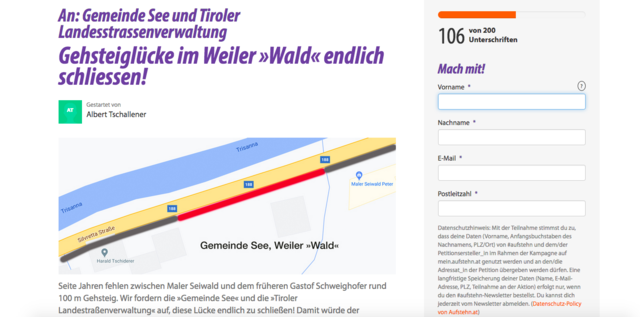 "Gehsteiglücke im Weiler 'Wald' endlich schließen!": Am Donnerstagnachmittag hatten bereits 106 Personen die Petition unterschrieben.