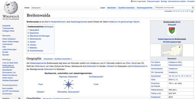Peter Tauschitz legte wikipedia-Einträge zu den Orten der Stadtgemeinde Hollabrunn an. | Foto: Screenshot wikipedia