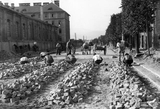 Damals 1949: Pflasterung der Garnisonstraße
Für die neue Obus-Linie von der Stieglbauernstraße auf den Froschberg wurde die Garnisonstraße im Jahr 1949 gepflastert. Links im Bild die 1911 bis 1914 erbaute ehemalige Artilleriekaserne mit der 1977 abgerissenen Reithalle. Dahinter ein Mannschaftsgebäude, das nach 1945 als Lager für vertriebene Volksdeutsche diente. Rechts erkennbar die 1925 auf den sogenannten Kaufleitnergründen errichtete Wohnhausanlage. | Foto: Archiv der Stadt Linz