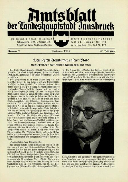 Nachruf im Amtsblatt für Carl August Hegner. | Foto: Stadt Innsbruck
