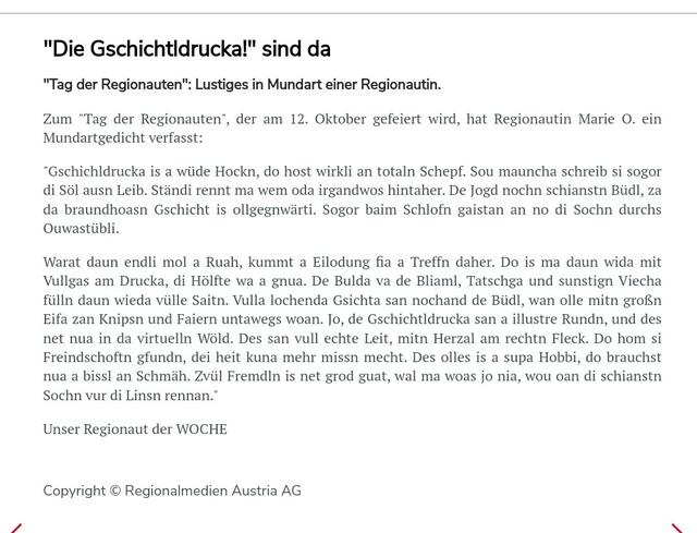 Tag der Regionauten 2020, Geschichte in Mundart