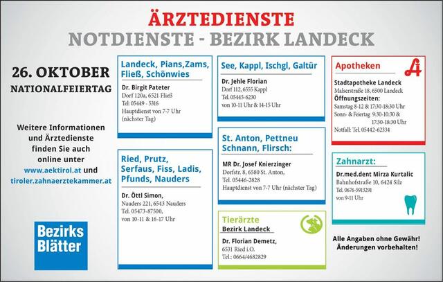 Die Notdienste im Bezirk Landeck am Montag, 26. Oktober (Nationalfeiertag).