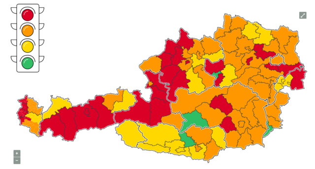 So sieht sie aus, die neue "Ampel-Landschaft" in Österreich mit Stichtag 22. Oktober 2020. Der Bezirk Reutte steht jetzt auf gelb.