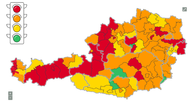 So sieht sie aus, die neue "Ampel-Landschaft" in Österreich mit Stichtag 22. Oktober 2020. Der Bezirk Reutte steht jetzt auf gelb. | Foto: Sozialministerium