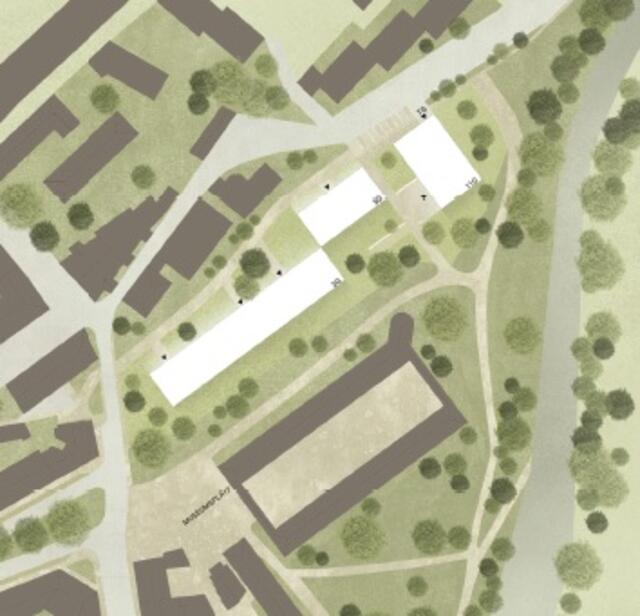 Rechts vertikal verlauft die Sill in der Visualisierung. Das graue, längliche Rechteck ist das Zeughaus. Darüber entstehen die drei Gebäude: zwei dreistöckige Häuser der NHT und ein 12-stöckiger Turm der ARE. Direkt gegenüber des Turmes ist die das Obdachlosenheim, das ebenfalls aufgestockt werden soll.