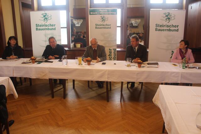 Der Steirische Bauernbund präsentierte im Gasthaus Rothwangl in Krieglach ihre Spitzenkandidaten. Am Tisch Bezirksbäuerin Elisabeth Hörmann, Bezirkskammerobmann Johan Eder-Schützenhofer, Landesrat und Bauernbund-Obmann Johann Seitinger, Landwirtschaftskammerpräsident Franz Titschenbacher und Vizepräsidentin Maria Pein.