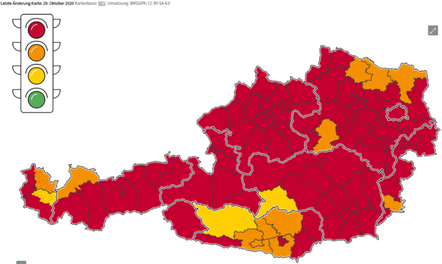 Wie zahlreiche Bezirk in Österreich ist auch der Melker nun auf rot gestellt. | Foto: Screenshot/corona-ampel.gv.at