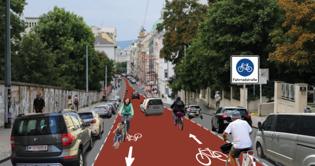 Auf einer Fahrradstraße teilen sich Radler und Autos die Fahrbahn, die Gehsteige könnten dadurch verbreitert werden. | Foto: Visualisierung: Grüne Wien