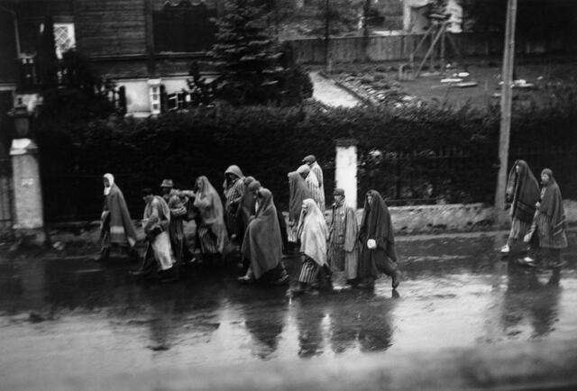 Evakuierung von Konzentrationslagern durch die SS v. den anrückenden alliierten Truppen 1944/45, sog. Todesmärsche: Häftlinge aus dem KZ-Dachau auf dem Marsch nach Bad Tölz ziehen durch die Würmstraße in Starnberg (Nachhut des Hauptzuges vom 27./28.4.1945; u. a. Juden (50%), Russen, kath. Priester,
Kriminelle). | Foto: akg-images / Benno Gantner