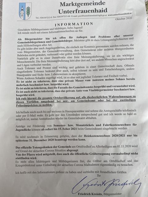 Das Informationsschreiben von Bürgermeister Friedrich Kreisits