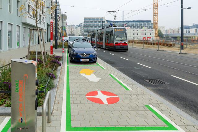 Die neue WienMobil-Station befindet sich in der Bruno-Marek-Allee, direkt bei der Haltestelle der Straßenbahnlinie O.