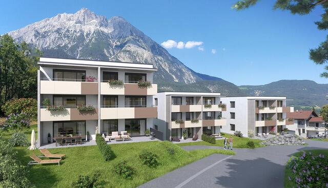 Im ersten Bauabschnitt entstehen 18 Mietwohnungen in Passivhausqualität. Die Fertigstellung ist für Mai 2022 geplant. (Visualisierung Wohnanlage Telfs Abschnitt NORD).