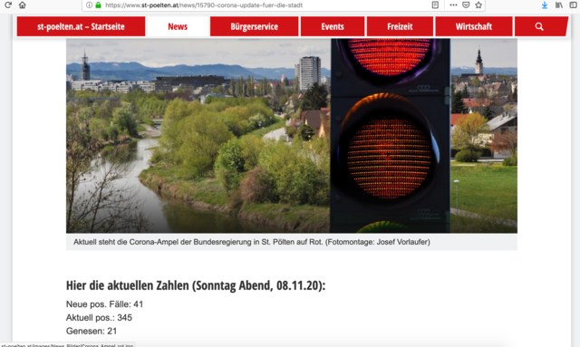 Gute Online-Arbeit: Die Homepage der Stadt St. Pölten informiert detailliert über die aktuelle Covid-19-Lage in der Landescity. | Foto: Screenshot Homepage Stadt St. Pölten