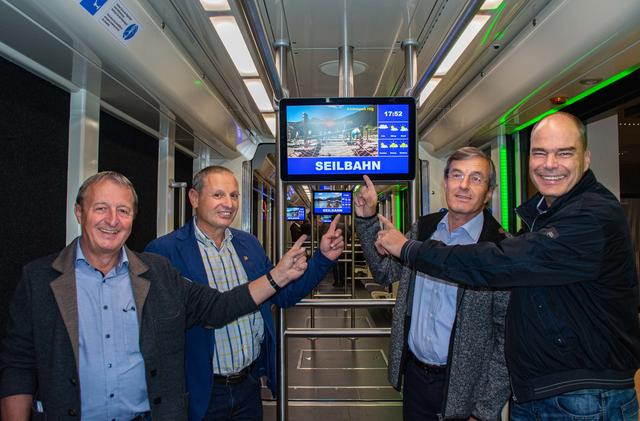 Die Dorfbahn Serfaus ist für den Tirol Change Award nominiert - Bei der Jungfernfahrt der 2019 erneuerten Bahn: GF Georg Geiger, Bgm. Paul Greiter, BL Ernst Thurnes und GF Stefan Mangott. | Foto: Pro Media