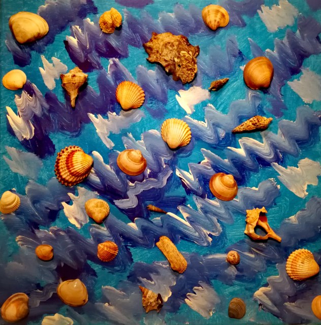 Eine Muschelcollage von Paula und ihrem Papa.