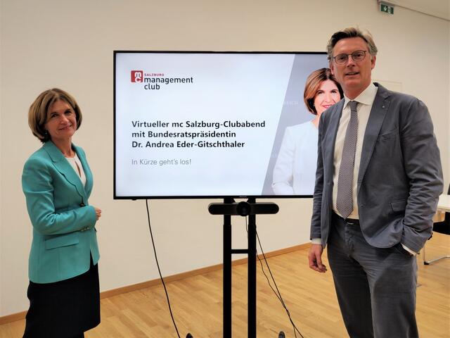 mc-Präsident Johannes Hörl hatte die Präsidentin des Österreichischen Bundesrates, Andrea Eder-Gitschthaler, im virtuellen Raum zu Gast. | Foto: management club Salzburg
