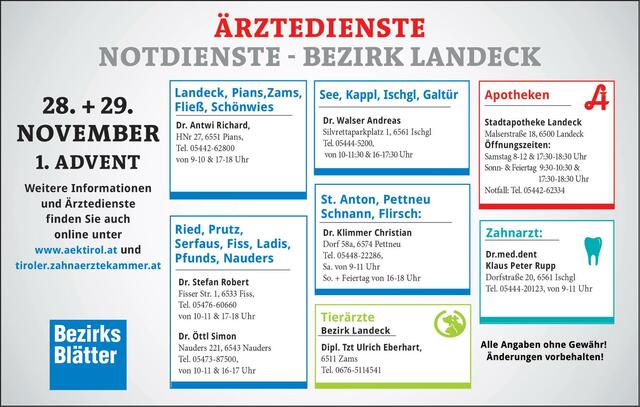 Die Notdienste im Bezirk Landeck am Samstag, 28. und Sonntag, 29. November.
