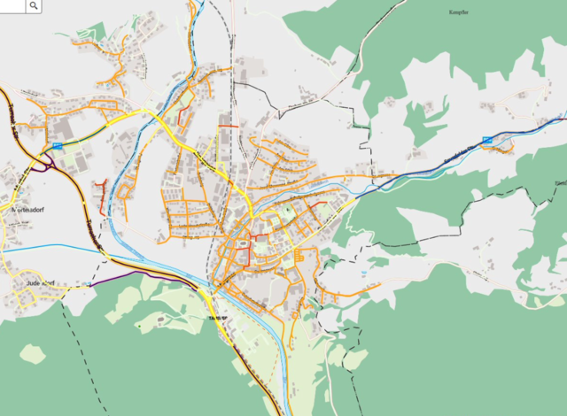 Ein Überblick auf Tamsweg: In Orange ist die 30er-Zone; alles war rot ist, ist Begegnungszone oder Wohnstraße. Gelb gefärbt sind Landes- und Bundesstraßen.