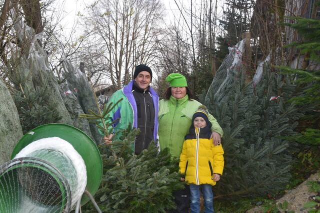 Familie Auer beim Christbaumverkauf: Engelbert, Angelika und Leon Auer.  | Foto: Sara Handl