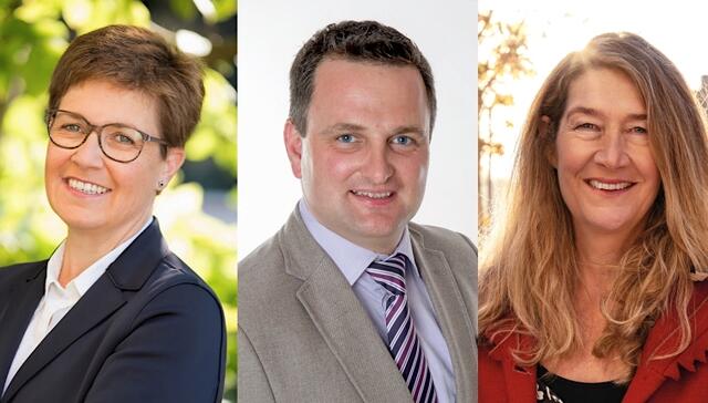 Elisabeth Kölblinger (ÖVP, l.) soll Brunsteiner nachfolgen. David Binder (Mitte) ist Bürgermeisterkandidat der FPÖ. Sonja Pickhardt-Kröpfel (r.) tritt für die Grünen an.