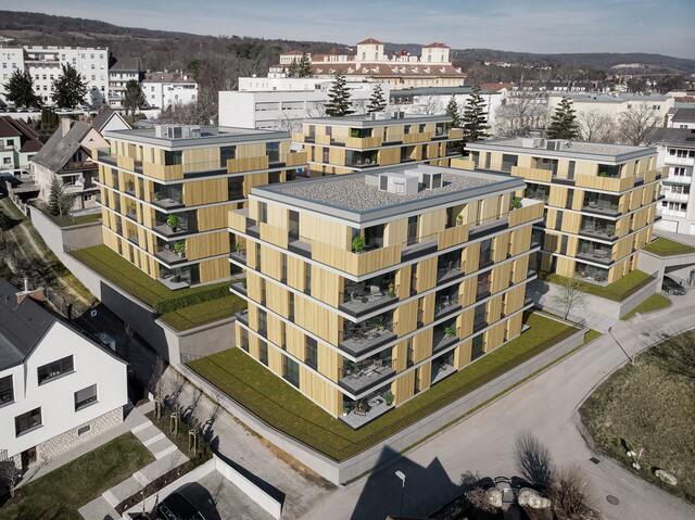 In den vier Häusern unweit des Schloss Esterhazy entstehen insgesamt 60 Eigentumswohnungen. | Foto: Immobilien Funk