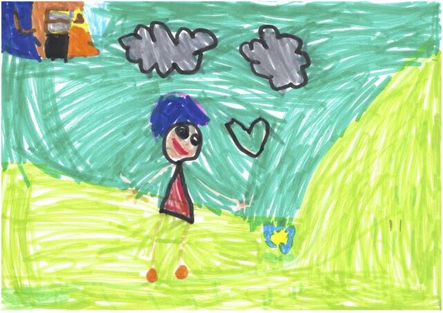 Lea (5 Jahre alt) hat uns ein Mädchen beim Blumen pflücken gemalt.