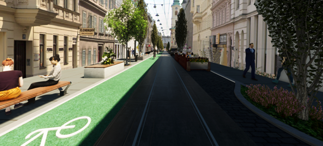 So könnte die Westbahnstraße aussehen: einspurige Bim, mehr Grün sowie viel Platz für Radler. Was sagen Sie dazu? | Foto: Bakhtyari Idris, Twin Motion